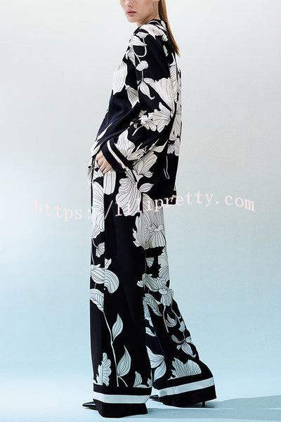 Unique Print Lapel Long Sleeve Loose Shirt and Elastic Waist Casual Pocket Wide Leg Pants Set