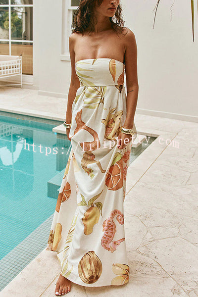Island Time Linen Blend Unique Print Strapless Back Tie-up A-line Maxi Dress