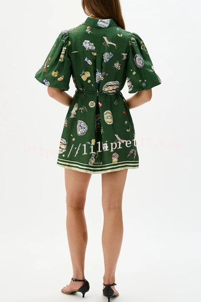 Linen Blend Unique Print Puff Sleeve Casual Mini Dress