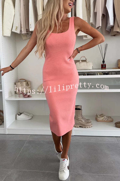 Comfort and Femininity Knit Ribbed Tank Slit Stretch Midi Dress