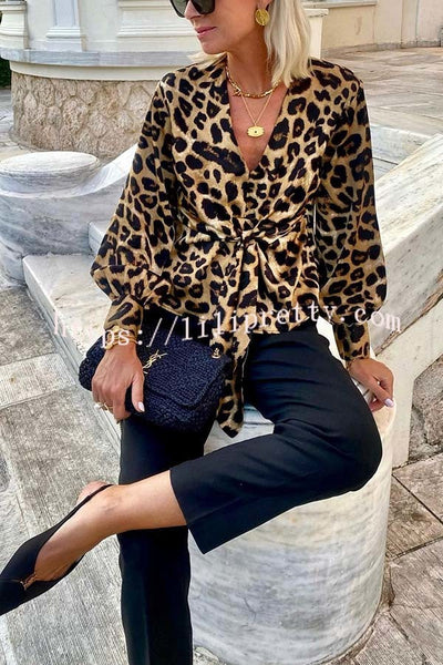 Janae Leopard Print Front Tie-up Lantern Sleeve Casual Blouse