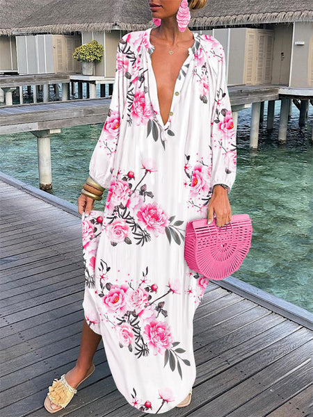 Fashion Painting Print V-neck Colorful Single-row Multi-button Button Loose Long-sleeved Long Oversized Hem Dress Dress Women