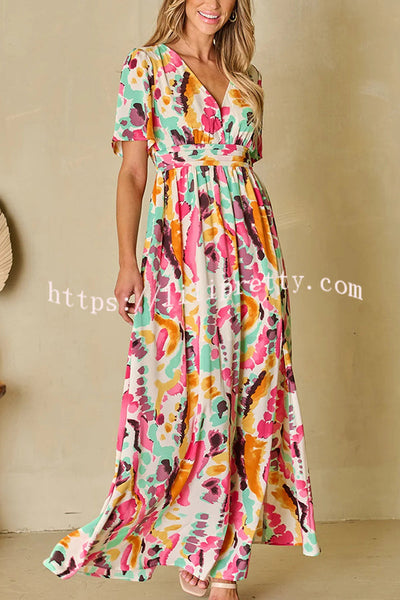 Colorful Printed Backless Lace Up Slit Maxi Dress