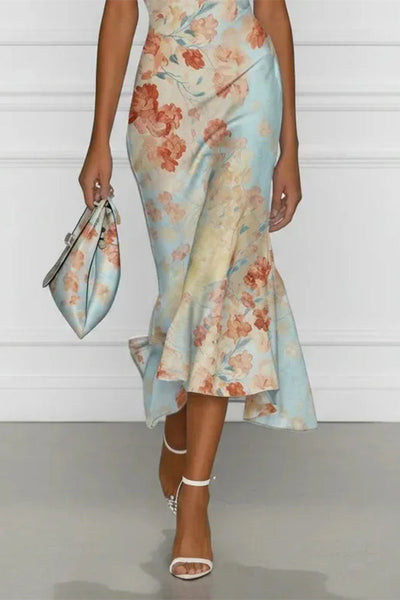 Floral Off-shoulder Sleeveless Fishtail Midi Dress