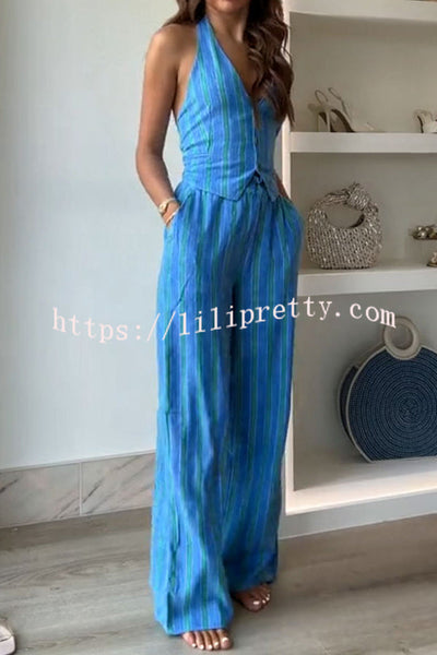 Regine Linen Blend Striped Button Halter Backless Vest and Elastic Waist Pocket Pants Set