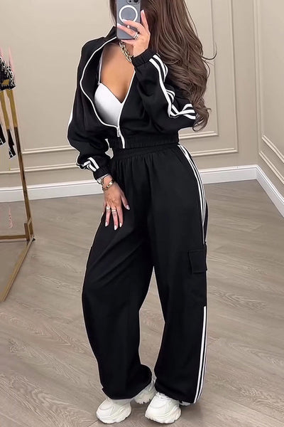 Fashion Loose Long Sleeve Zipper Top and Elastic Waist Pocket Casual Pants Set