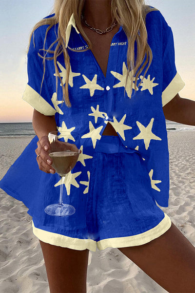 Star Print Loose Button Elastic Waist Shorts Set
