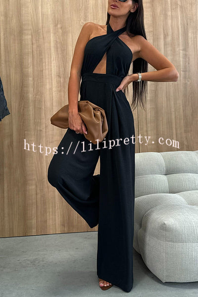 Easy Mode Cross-neck Halter Strap Backless Wide Leg Jumpsuit