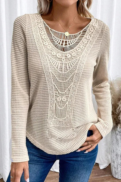 Solid Color Patchwork Round Neck Elegant Long Sleeve Loose Top