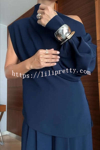 Cleo One Shoulder Irregular Balloon Sleeve Top and High Rise Pleated Button Waist Pocket Loose Pants Set