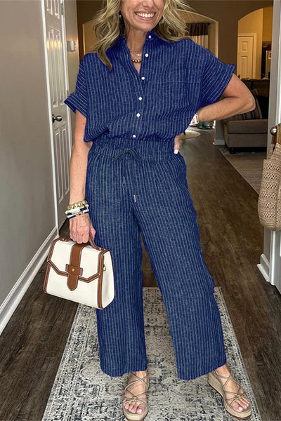 Fashion Striped Print Lapel Short-sleeved Shirt and Elastic Waist Pocket Casual Pants Set