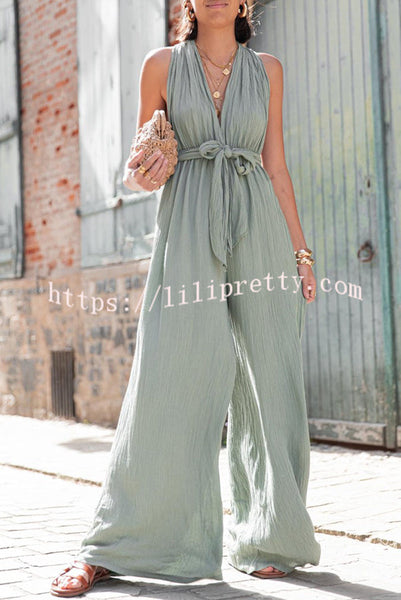 Up To You Linen Blend Elastic Waist Straps Loose Jumpsuit