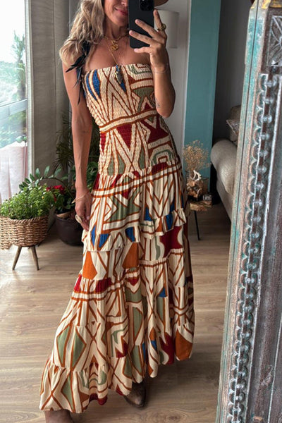 Bohemian Style Unique Print Tube Top Pleated Maxi Dress