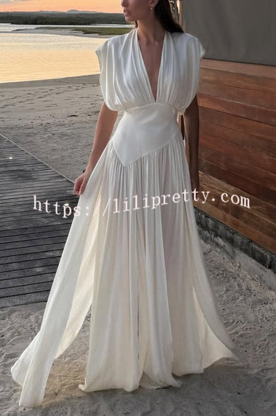 Elegant V-neck Sleeveless Fitted Waist High Slit Vacation Maxi Dress