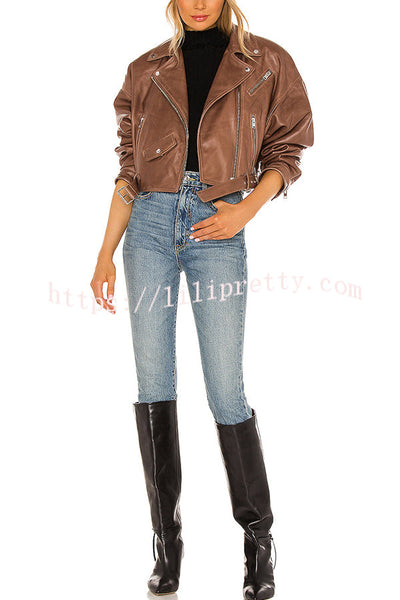 Fashion Lapel Long Sleeve Casual Zipper Pocket Leather Jacket