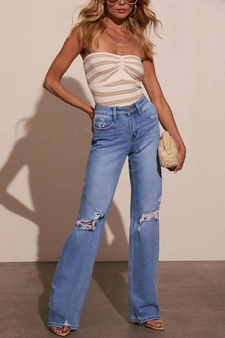 Fashion Raw Edge Ripped Casual Pocket Stretch Straight Jeans