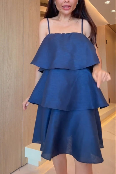 Sunlit Horizon Linen Blend Tiered Slip Square Neck A-line Mini Dress