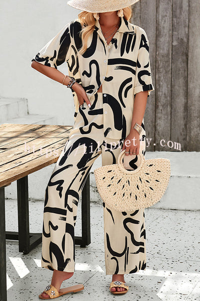 Irregular Printed Button Pocket Long Sleeved Shirt and Elastic Waist Pants Set