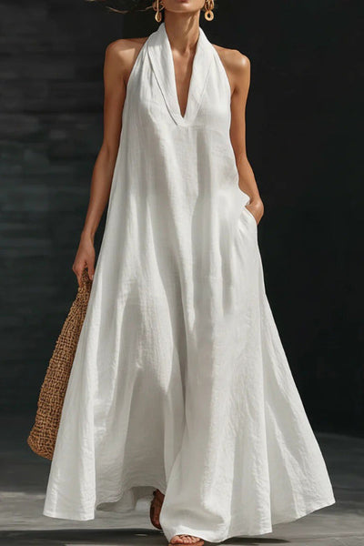Linen Blend Solid Color Loose V-neck Pocket Casual Maxi Dress