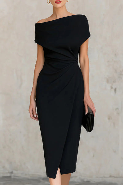 Solid Color Short-sleeved Fitted Waist Pleated Elegant Midi Dress