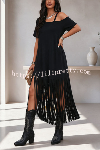 Edgy Cold Shoulder Tassel Detail Maxi Dress