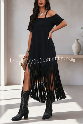 Edgy Cold Shoulder Tassel Detail Maxi Dress