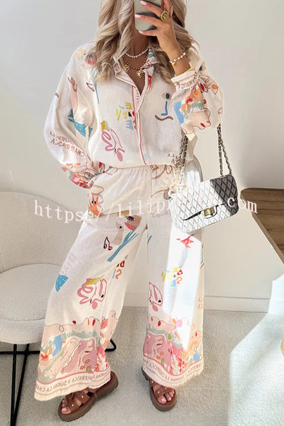 Holiday Style Unique Print Long Sleeve Lapel Loose Shirt and Elastic Waist Casual Pocket Pants Set