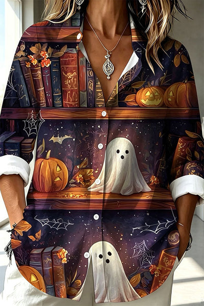 Halloween Shirt Featuring A Pattern of Little Ghosts and Jack-o'-lanterns.