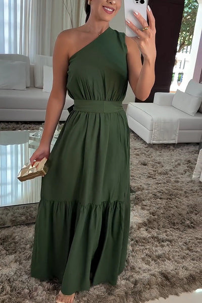 Solid Color One Shoulder Waist Tie Maxi Dress