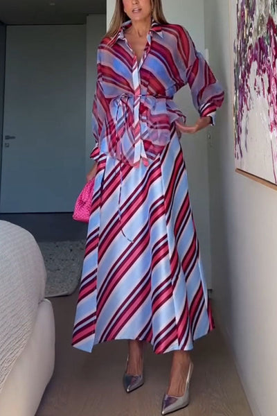 Brighter Days Satin Striped High Rise A-line Slit Maxi Skirt