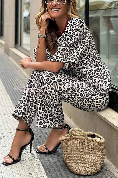 Colette Leopard Print Half Sleeve Babydoll Top and Elastic Waist Pocketed Pants Set