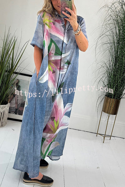 Carleen Faux Denim Fabric Orchid Print Pocketed Shirt Maxi Dress