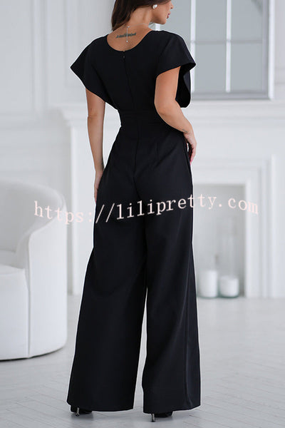Solid Color V-neck Waist Casual Wide-leg Jumpsuit