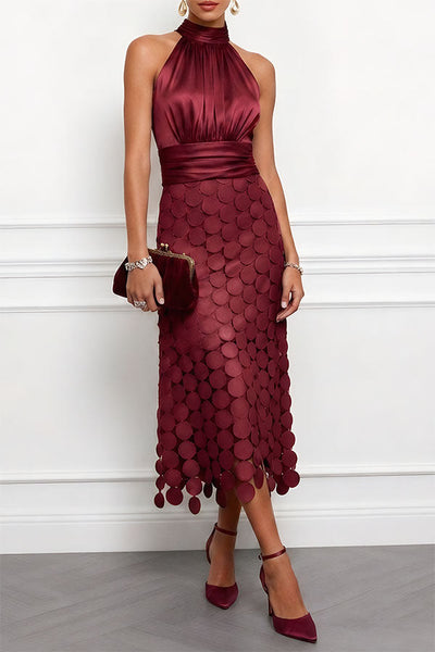 Janice Satin Ruched Halter Neck Sleeveless Embroidered Polka Dot Hem Midi Dress