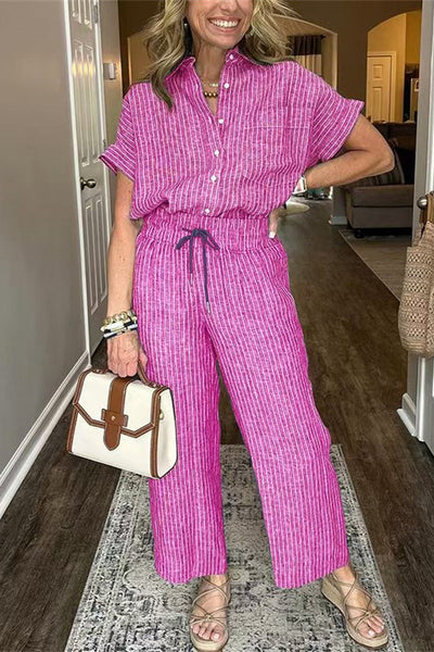 Fashion Striped Print Lapel Short-sleeved Shirt and Elastic Waist Pocket Casual Pants Set