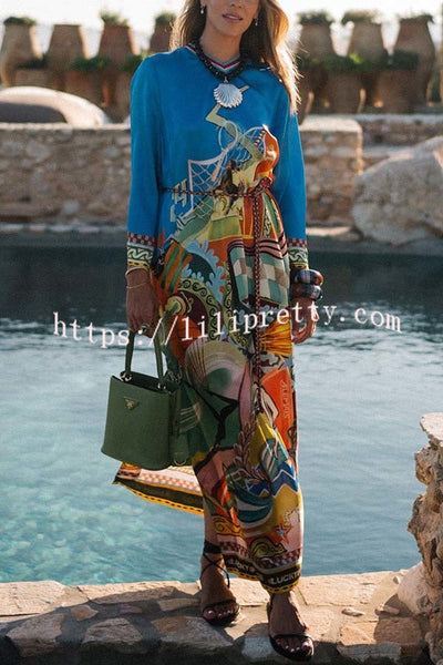 Seaside Views Satin Unique Print  Rib-knit V Neck Bell Sleeve Slit Kaftan Midi Dress