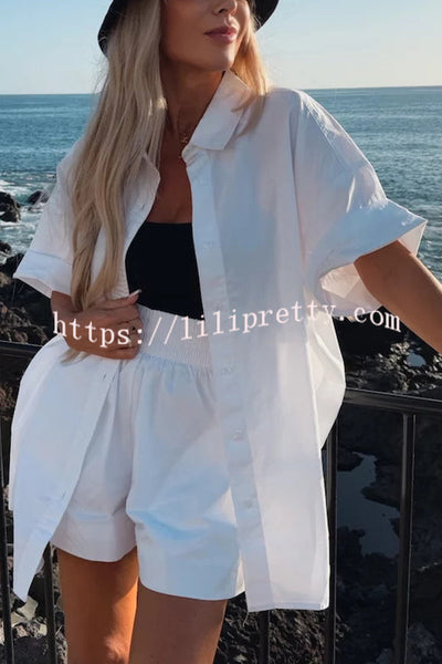 Summer Casual Loose Short-sleeved Shirt and Elastic High Waist Shorts Set