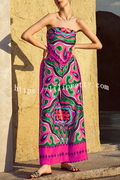 Ethnic Style Unique Print Tube Top and Elastic Waist Casual Pocket Wide Leg Pants Set