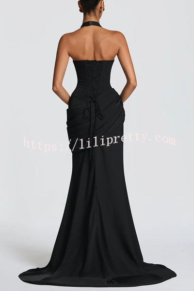 Nehemia Halter V-neck Back Lace-up Asymmetric Pleated Panel Drapes Maxi Dress
