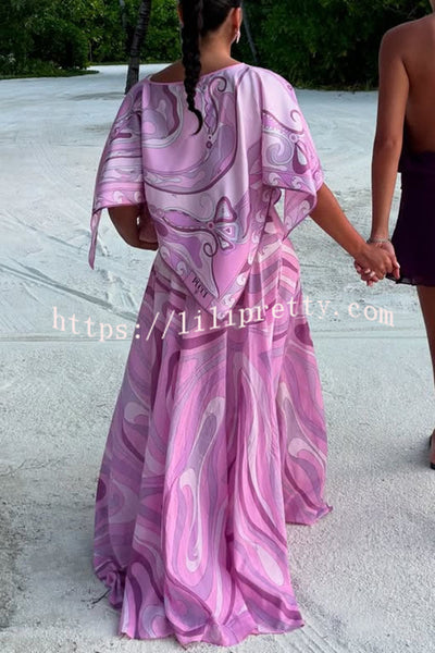 Anzio Satin Unique Print Cape Top and High Rise Elastic Waist A-line Maxi Skirt Set