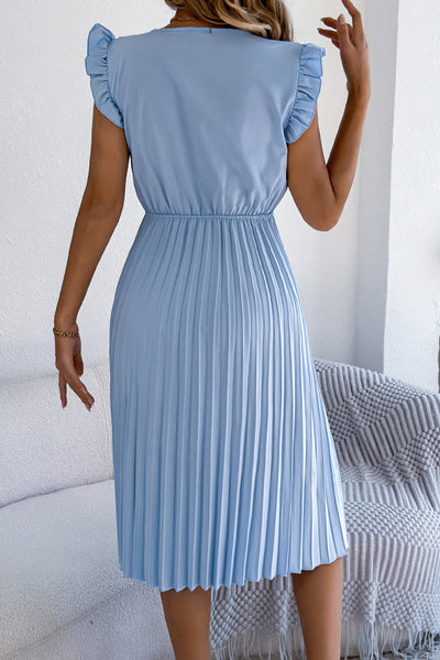 Solid Color V-neck Lace-trimmed Sleeveless Casual Pleated Midi Dress