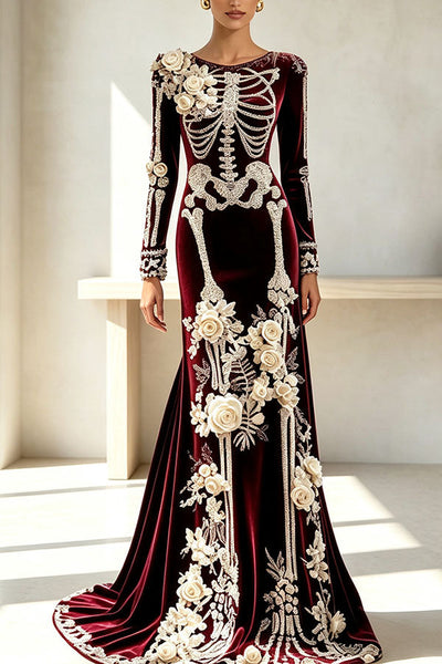 Luxury skull embroidered velvet dress