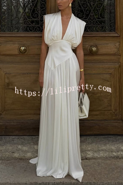 Elegant V-neck Sleeveless Fitted Waist High Slit Vacation Maxi Dress