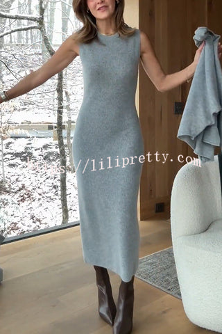 Soft and Warm Cashmere Ribbed Knit Sleeveless Midi Sweater Dress