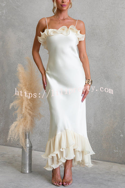 Bella Satin Pleated Chiffon Ruffle Details Slip Maxi Dress