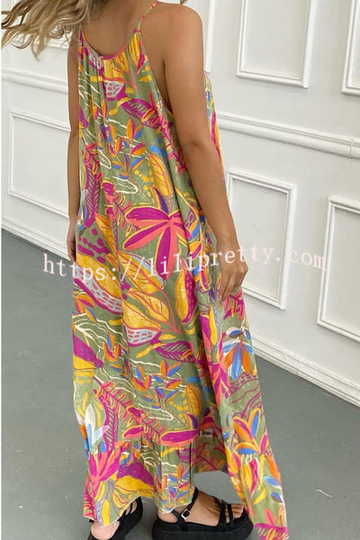Unique Botanical Print Casual Loose Strappy Maxi Dress