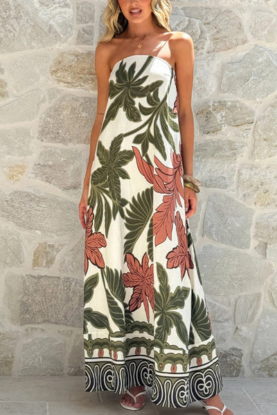 Botanical Print Sleeveless Off-shoulder Resort-style Loose Maxi Dress
