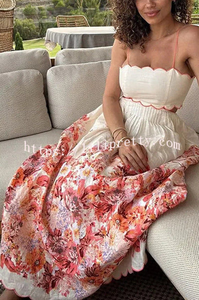 Cabo Sunsets Floral Print Petal Trim Back Lace-up Pocket Midi Dress