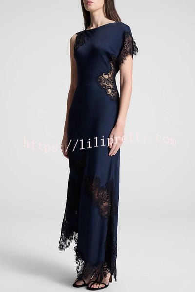 Paris Dream Satin Lace Trim Irregular Design Drape Maxi Dress