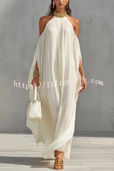 Fashionable Chiffon Metal Halter Neck Off-shoulder Elegant Loose-fitting Holiday Maxi Dress